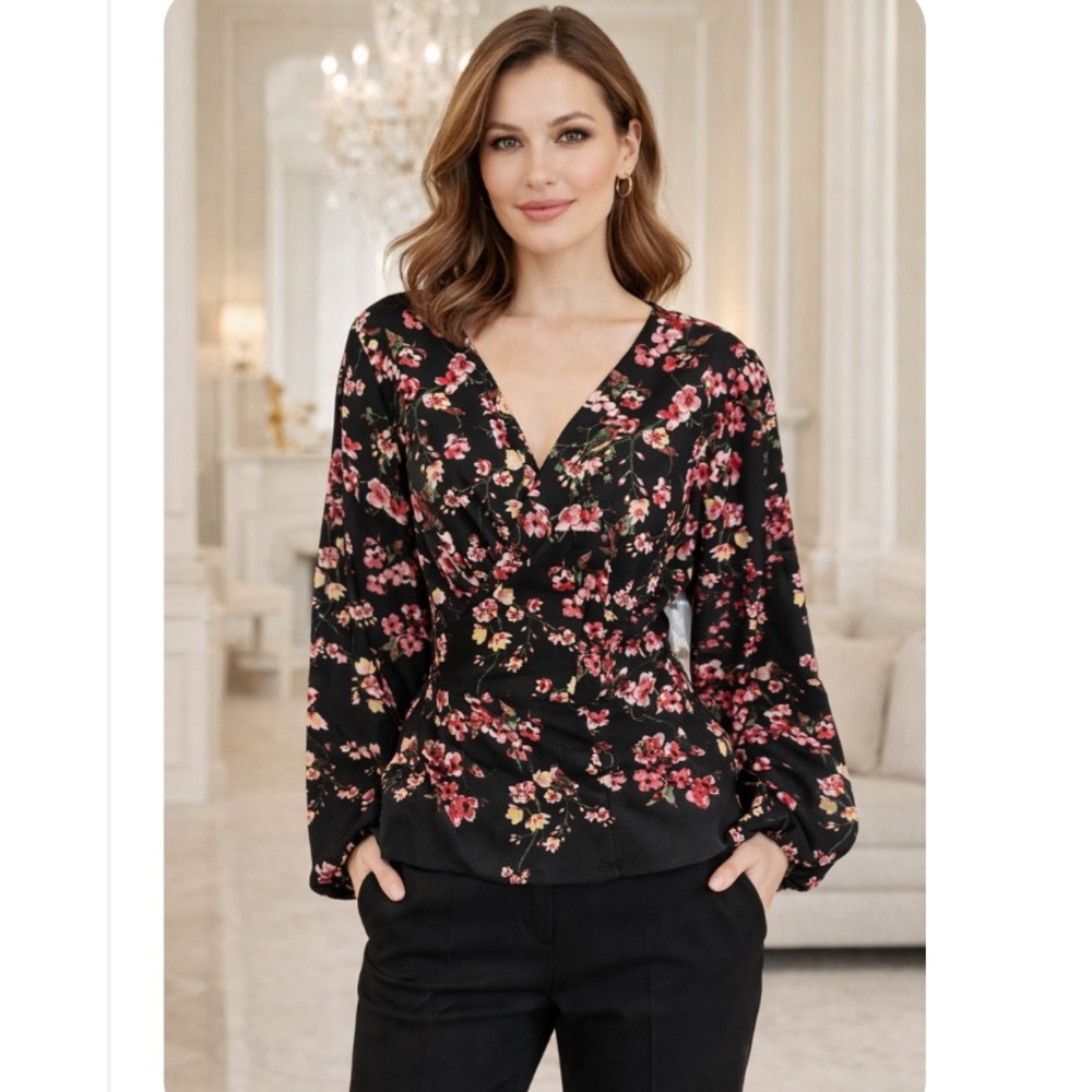 Eshakti Black Floral Wrap Blouse Size L Elegant Long Sleeve V-Neck Top Like New